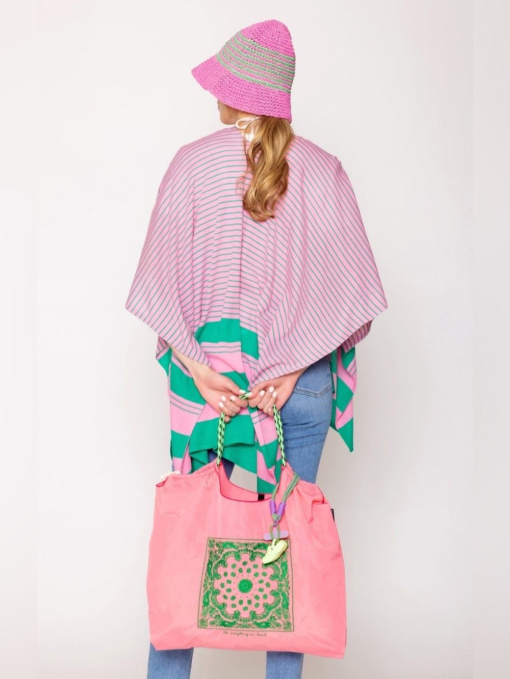 Beach Pink and Green Embroidered Women's Bag